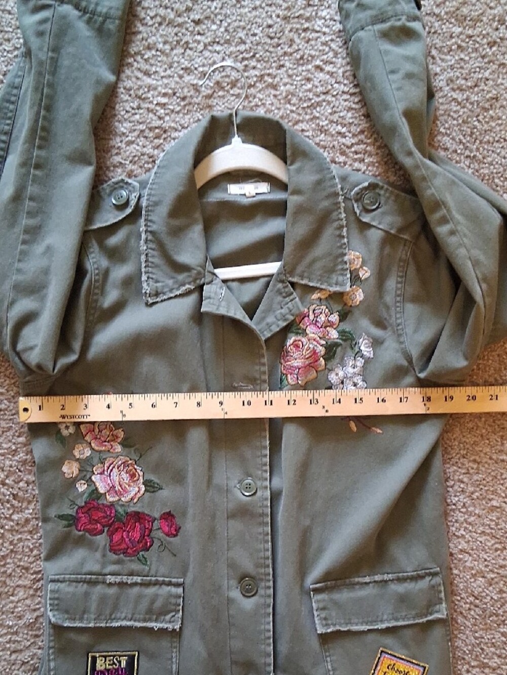 Maurices Olive Green Utility Jacket with Floral Embroidery And ACDC Design - Picture 14 of 16